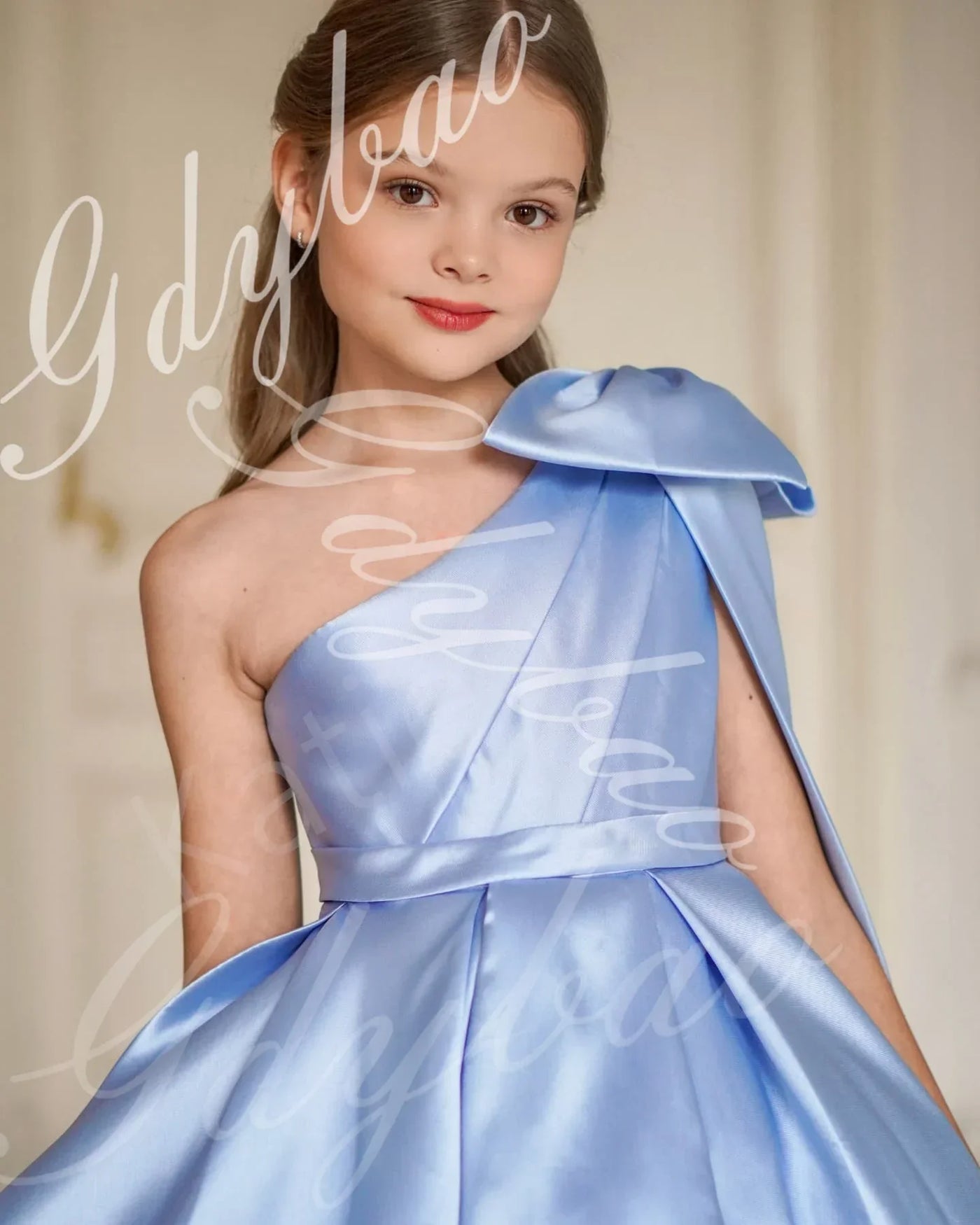 Sky Blue Satin Flower Girl Dress For Wedding One Shoulder With Bow Princess Kids Birthday Party First Communion Ball Gowns