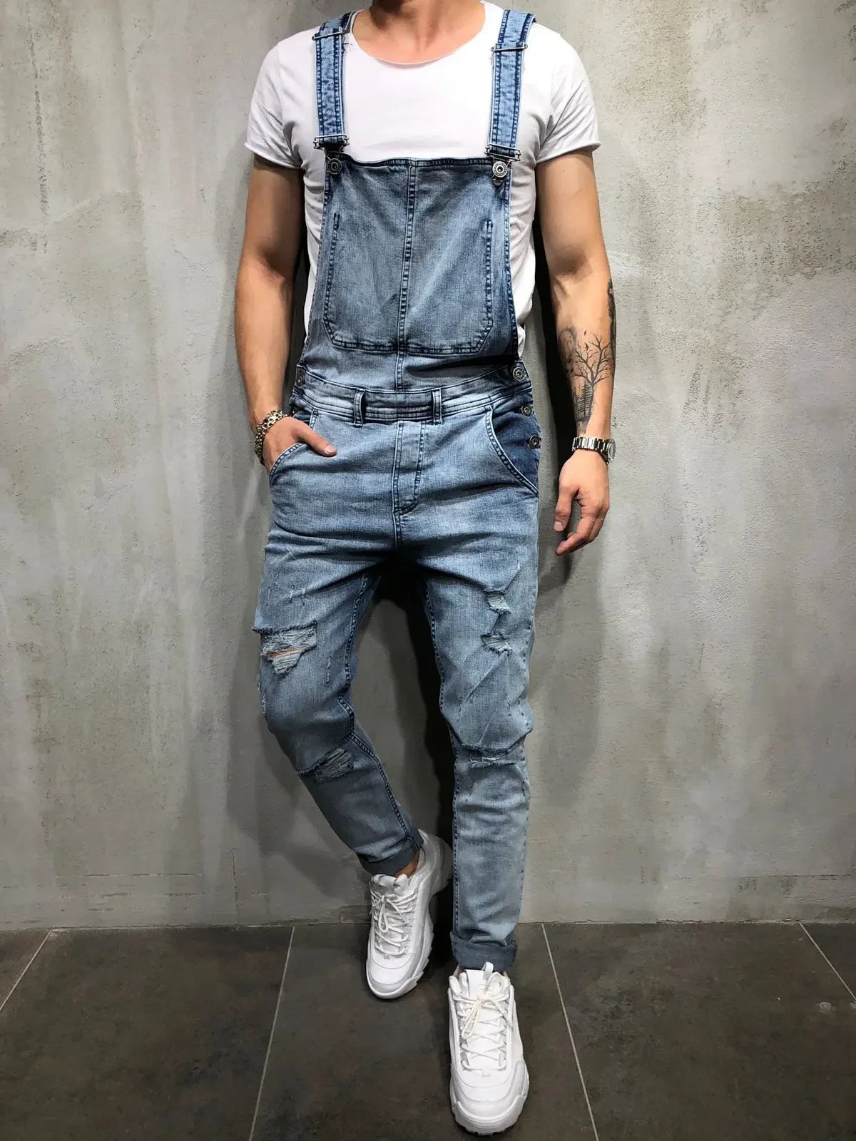 Men's Spring and Autumn Jeans, New Style Retro Casual All-match Ripped Dungarees, Fashionable High Street Trendy Brand Dungarees