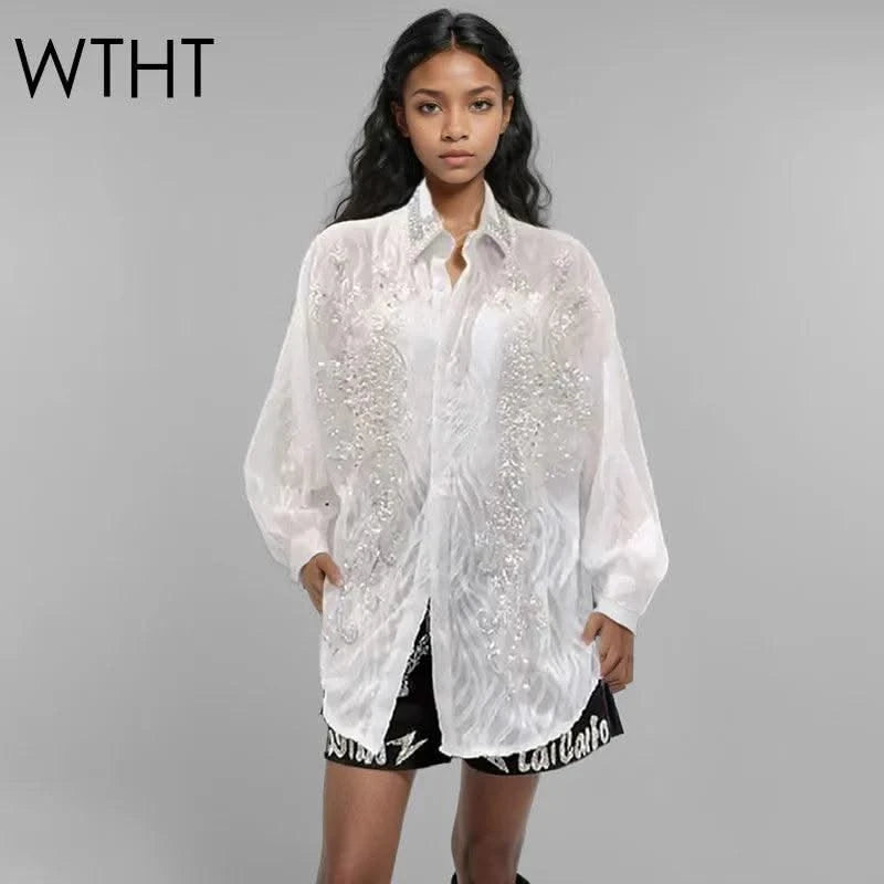 WTHT New Trendy Women's Sequins Diamonds Bows Lace Shirt 2025 Spring Fashion Lapel Long Sleeves Loose Blouse Female 1LS740