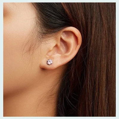 WOSTU Real 925 Sterling Silver Cat Ear Hoop Earrings For Women Lovely Pink Cute Pet Paw Studs Clips Girl Unique Jewelry Gift