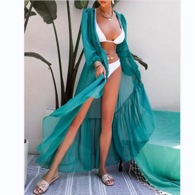 2024 New Lace Up Bikini Cover Ups for Women Maxi Dresses Solid Long Sleeve Beach Dress