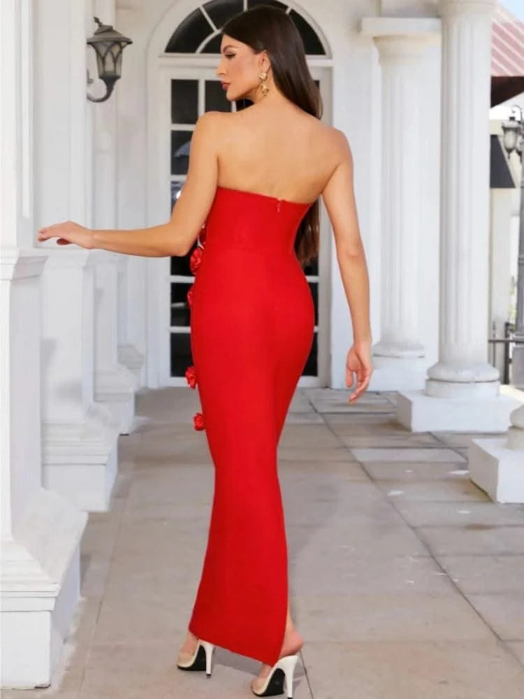 Pink Red Color Women Sexy Strapless Off the Shoulder Florals Bodycon Long Bandage Dress Celebrate Fashion Evening Party Outfit