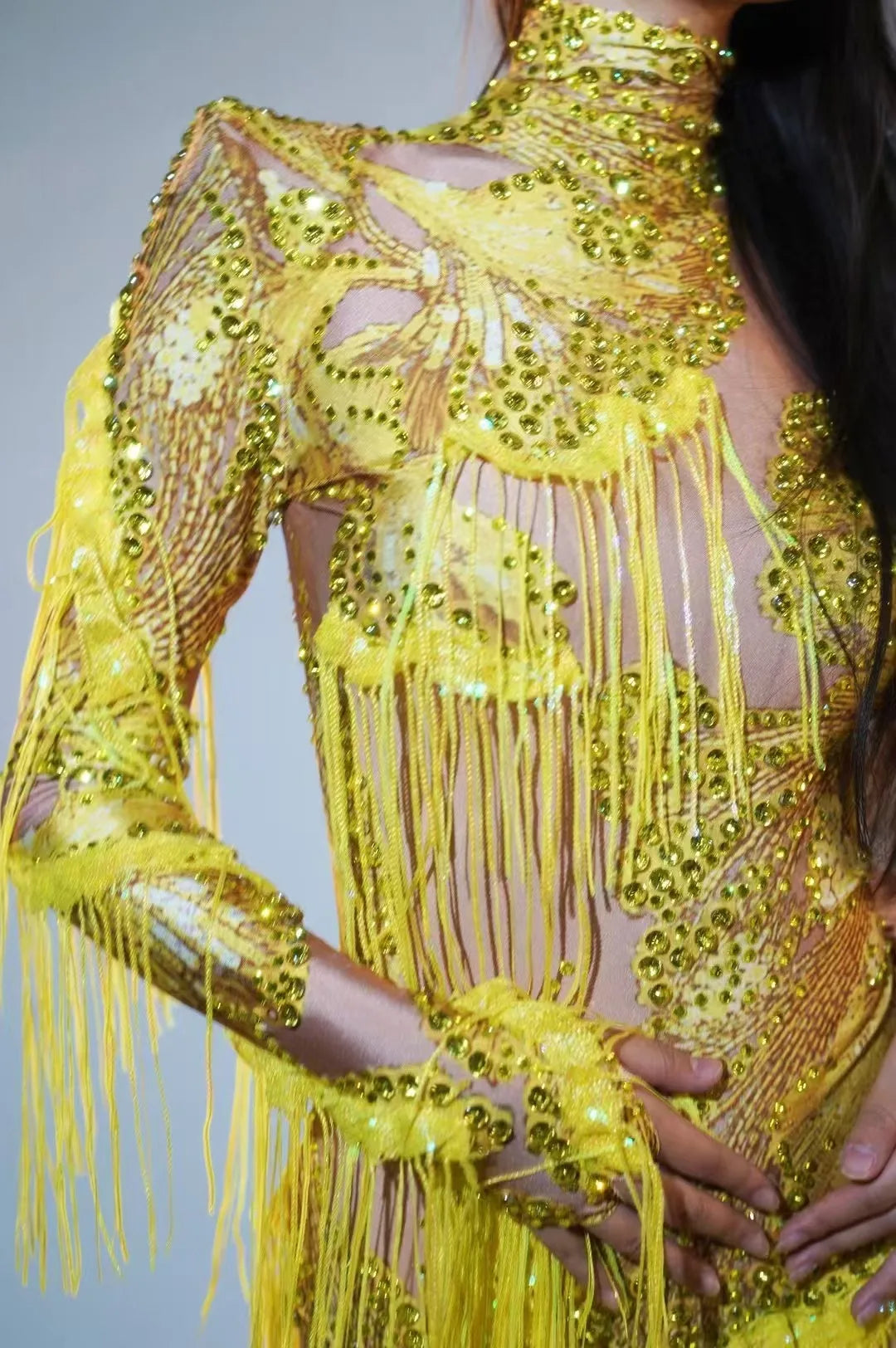 Women Dance Costume Sexy Skinny Leotard Singer Dancer Show Stage Wear Sparkly Blue Rhinestones Fringes One Shoulder Bodysuit