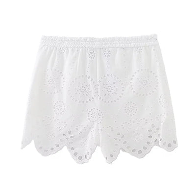 2025 Women's New Shorts Summer White Cutout Sexy Shorts Embroidered Trims Casual Fashion Personality Versatile