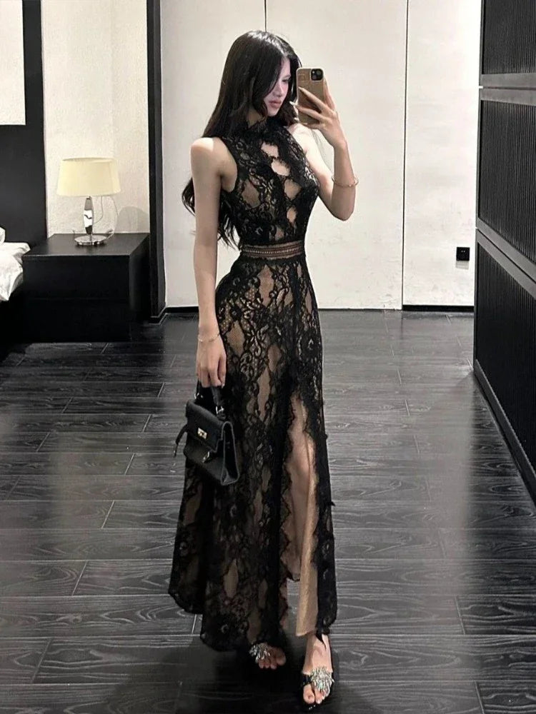 New Maxi Dresses for Women 2025 Vestidos De Mujer Lace Jacquard Temperament Robe Femme Backless Slim Fit Hollow Out Summer Dress