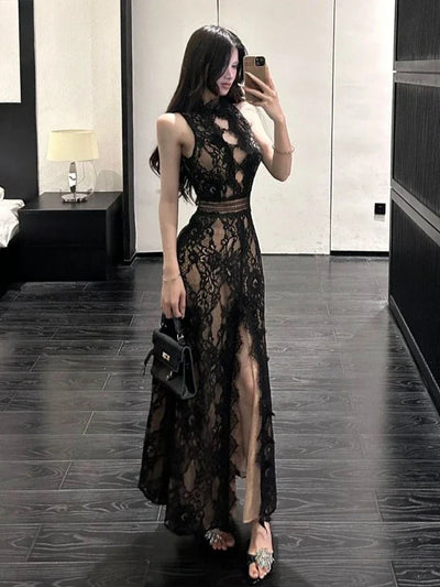 New Maxi Dresses for Women 2025 Vestidos De Mujer Lace Jacquard Temperament Robe Femme Backless Slim Fit Hollow Out Summer Dress
