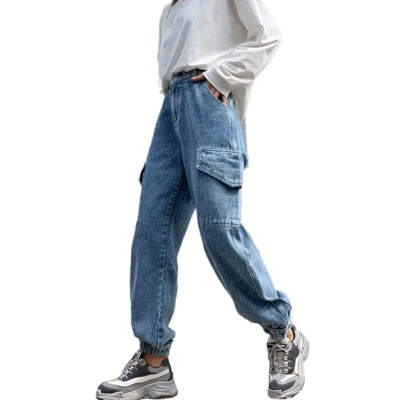 Women Jeans Jogger Pant Elastic Waist Solid Denims Trousers with Flap Pocekts