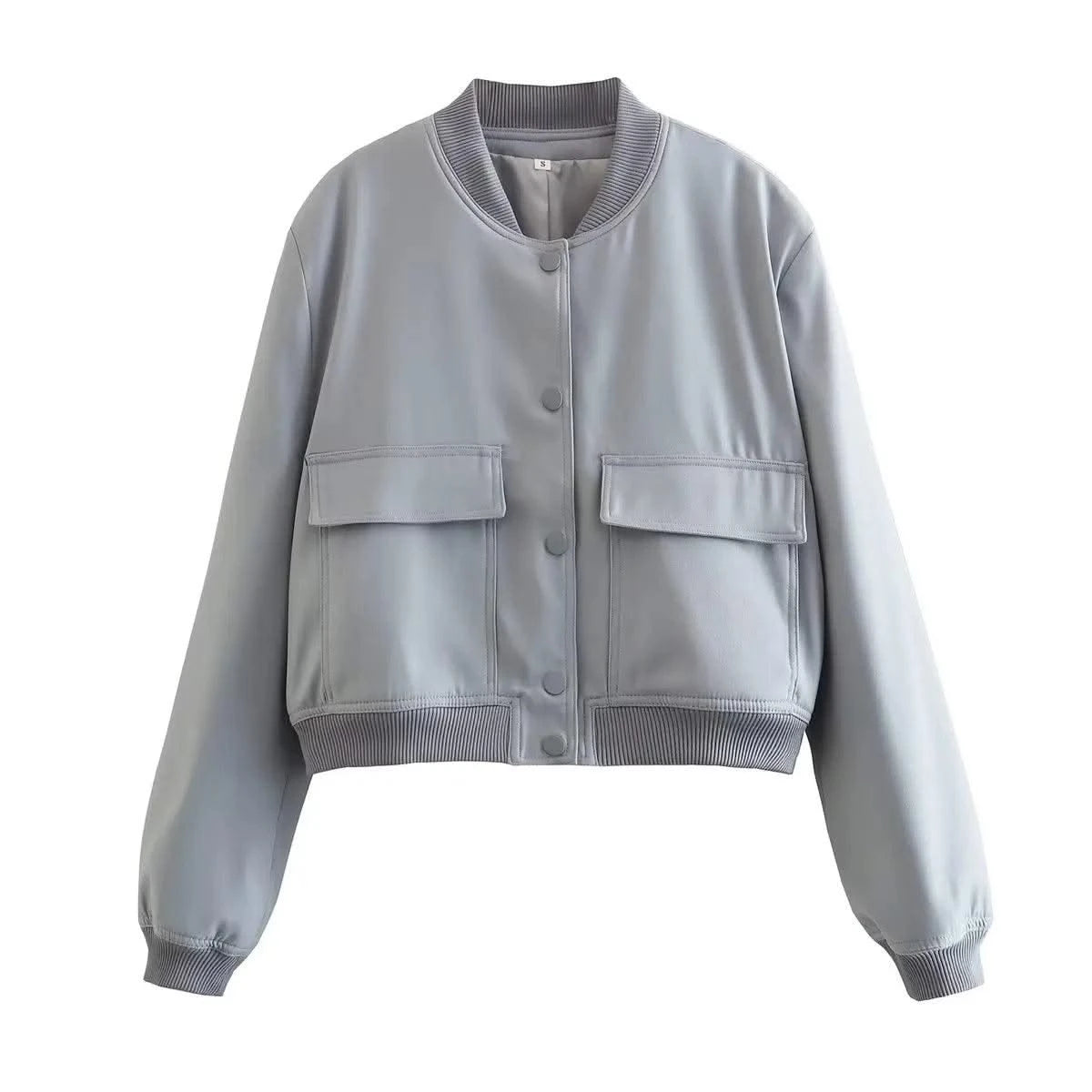 Women Fashion Solid Bomber Jackets Coat With Pockets V-Neck Single Breasted