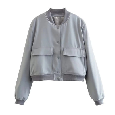 Women Fashion Solid Bomber Jackets Coat With Pockets V-Neck Single Breasted
