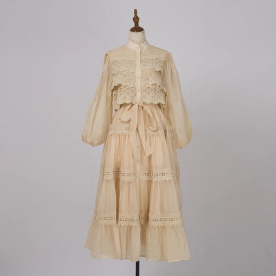 Luxury Long Dresses Women 2025 Spring Summer Embroidery Ruffle Lace Pearl Hollow Out Party Midi Dress Shirt Full Sleeve Vestidos