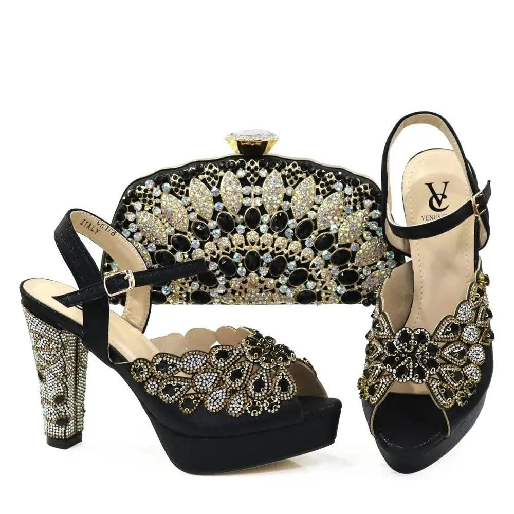 Embroidery Italian Design Pointed-Toe High-heeled Shoes and Bags Set for Women