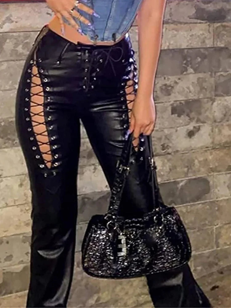 Women Fashion Loungewear Trousers, All Match Spring Summer Solid Hollow Straight Pants, Bandage Elegant Ladies Pants Streetwear