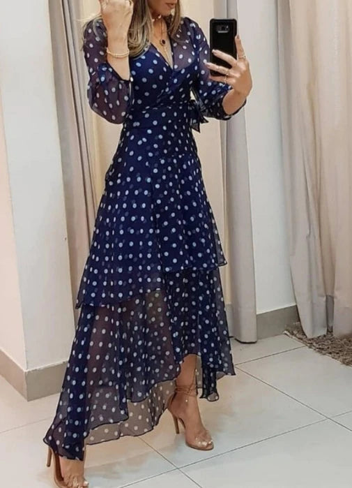 Women Elegant Dress 2024 Summer Latest Fresh and Sweet Fashionable Style Wave Point Irregular Place Up Printed V-Neck Long Skirt