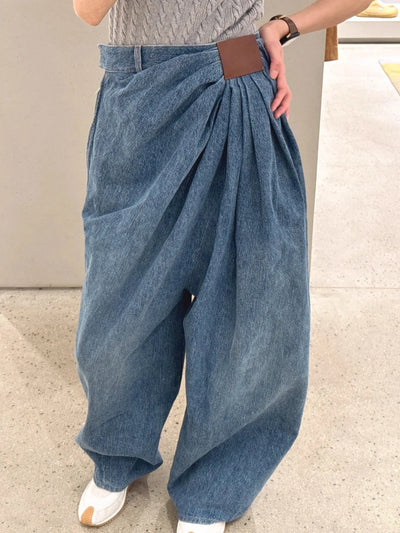 American Wide Leg Denim Pants For Women In Spring And Autumn Fashionable Pleated Design Loose Floor Length Pants