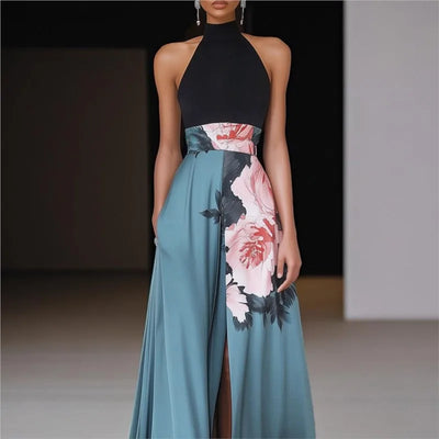 Summer Women Elegant  Print Dress Casual Fashion Round Neck Sleeveless Beach Vacation Dresses