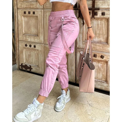 Women's Cargo Pants Casual Trousers 2024 Spring Autumn Solid Color Trend Street Pocket Design Cuff Suspenders Streetwear Women