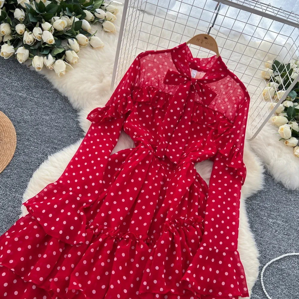 Dot Dress Women Long Dresses Print Chiffon Lace Up Flare Sleeve A Line Vestidos Streetwear Elegant Splice Y2k High Waist Party