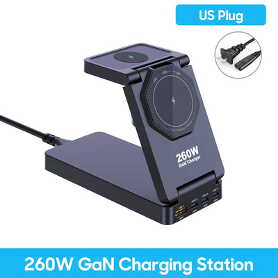 260W Magnetic Wireless Charging Station GaN USB TypeC Charger PPS PD Fast Charge For iPhone 16 15 IWatch AirPods Foldable Holder