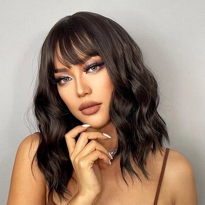 Short Wavy Bob Wigs for Women Dark Brown Bob Natural Synthetic Wig with Bangs for Girl Daily Cosplay Use Heat Resistant