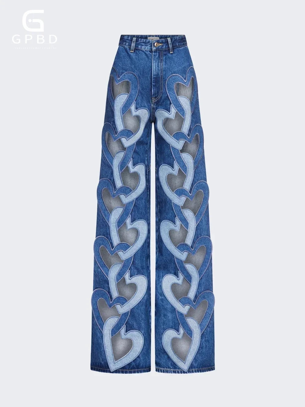 GPBD Fashion Women Jeans High Waist Heart Connectivity Contrast Color Hollow Out Straight Denim Pants 2025 New
