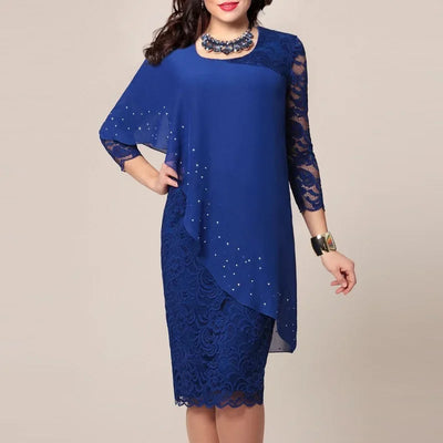 Elegant lace hook flower patchwork chiffon sheath dress 5xl Women green 3/4 sleeve round neck knee-length star print cape dress