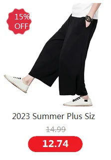 Wide leg Pants Men Streetwear Baggy Loose Pants M-8XL Plus size Ankle length Trousers cotton linen pants Black white khaki