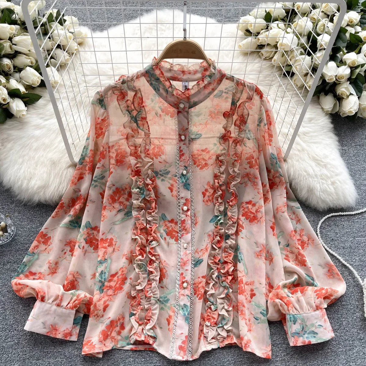 Women Ruffles Lace Floral Print Retro Elegant Button Shirts Summer Fashion Sweet Chic Stand Collar Long Sleeve Blouse Loose Tops