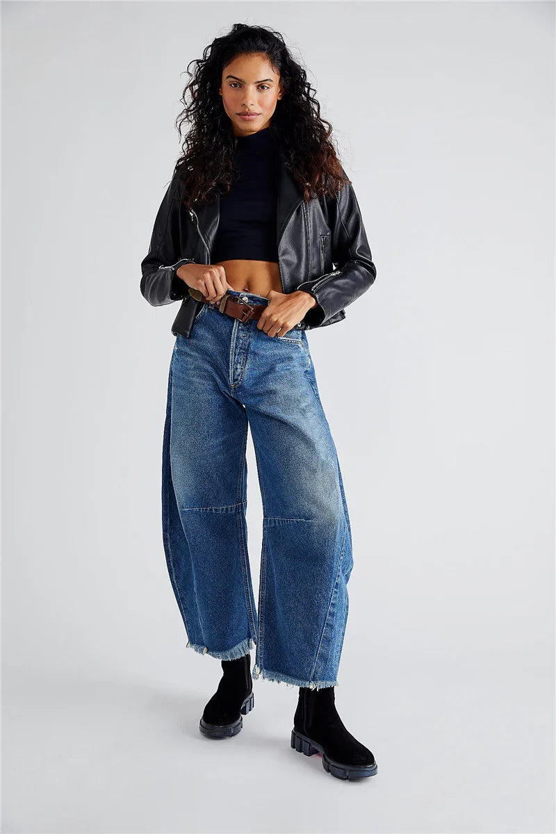 Imcute Women Casual Wide Leg Baggy Denim Pants Mid Waist Boyfriend Loose Jeans Y2k Vintage Barrel Jeans Streetwear