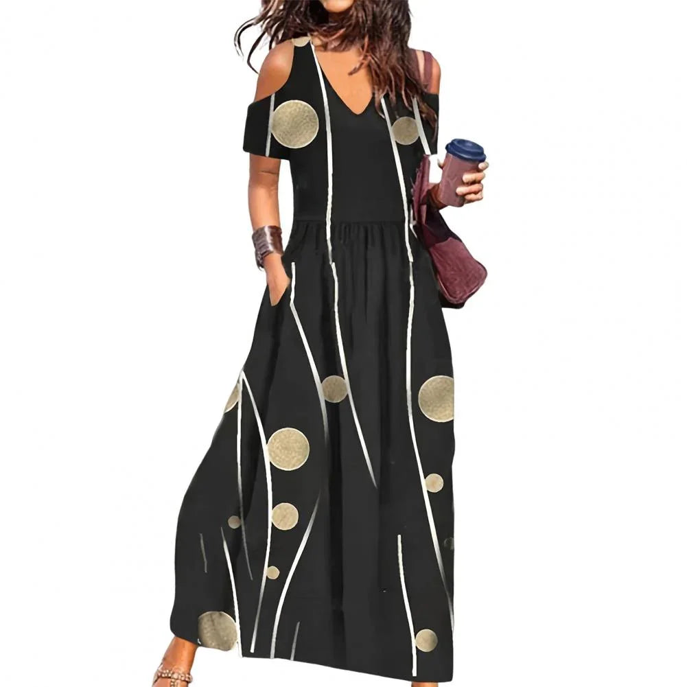Women Summer Dress Flower Print Hollow Out Short Sleeves V Neck Dress-up Pleated Off Shoulder Soft Maxi Dress Women Clothes