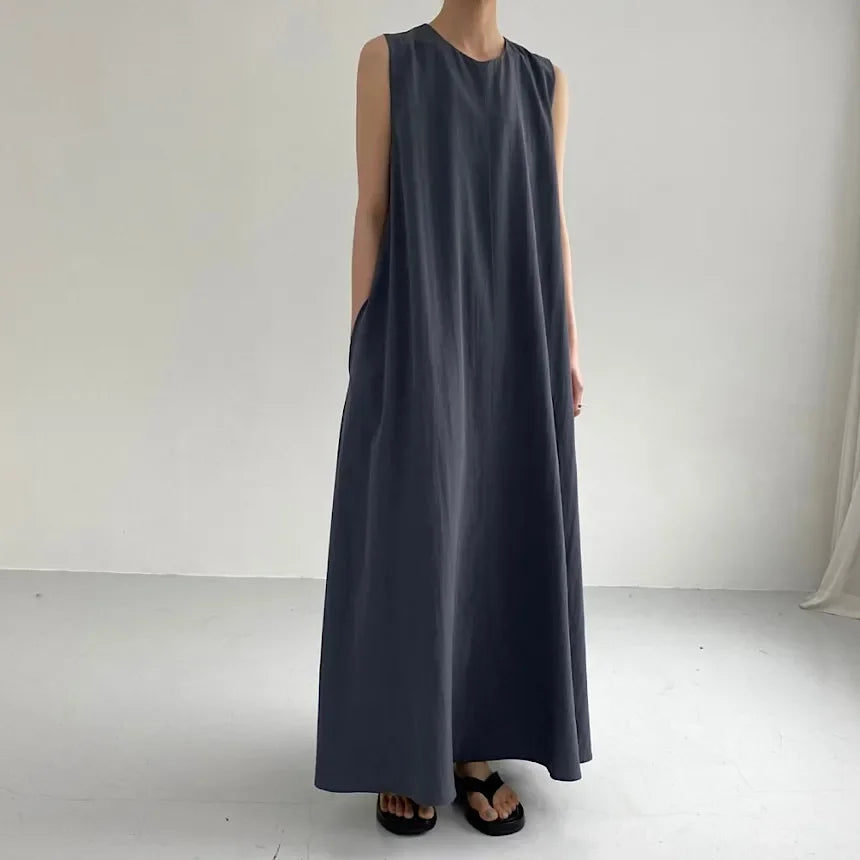 REALEFT Summer Women Maxi Dress 2024 New Solid Color Elegant Pockets Loose Waist Sleeveless Casual Summer Dresses Female