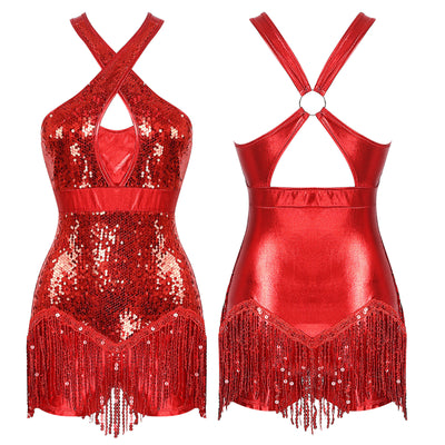 Women's Sequin Dance Dress Latin American Dance Costume Body Sleeveless Classical Samba Rumba Dresses Jazz Ballerina Dancewear