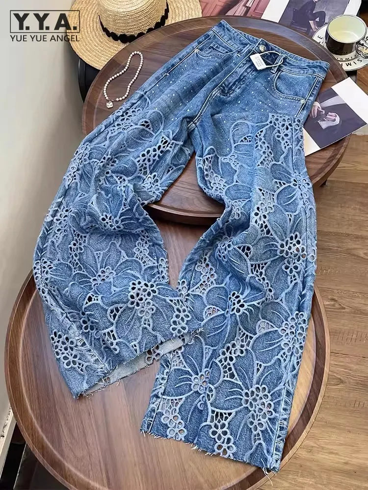 Summer Women Lace Floral Embroidery Wide Leg Denim Pants Spliced Loose Fit High Waist Hollow Out Jeans Streetwear Long Trousers