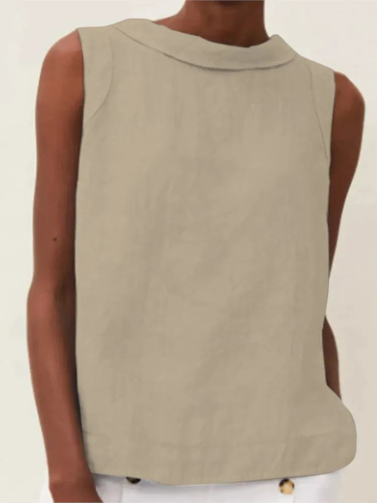 Summer Solid Cotton Linen Women's Top Simple Sleeveless O-neck Casual Blouses & Shirts Female Trendy Fashion Office Tops Ladies