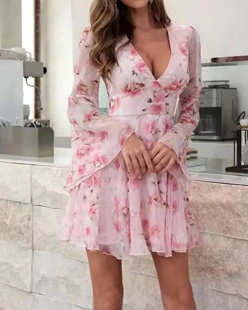 Summer Dresses Women 2025 Sweet Floral Print Bell Sleeve Plunge Dress Sexy V Neck Party Female Dress for Girl Beautiful Clothes