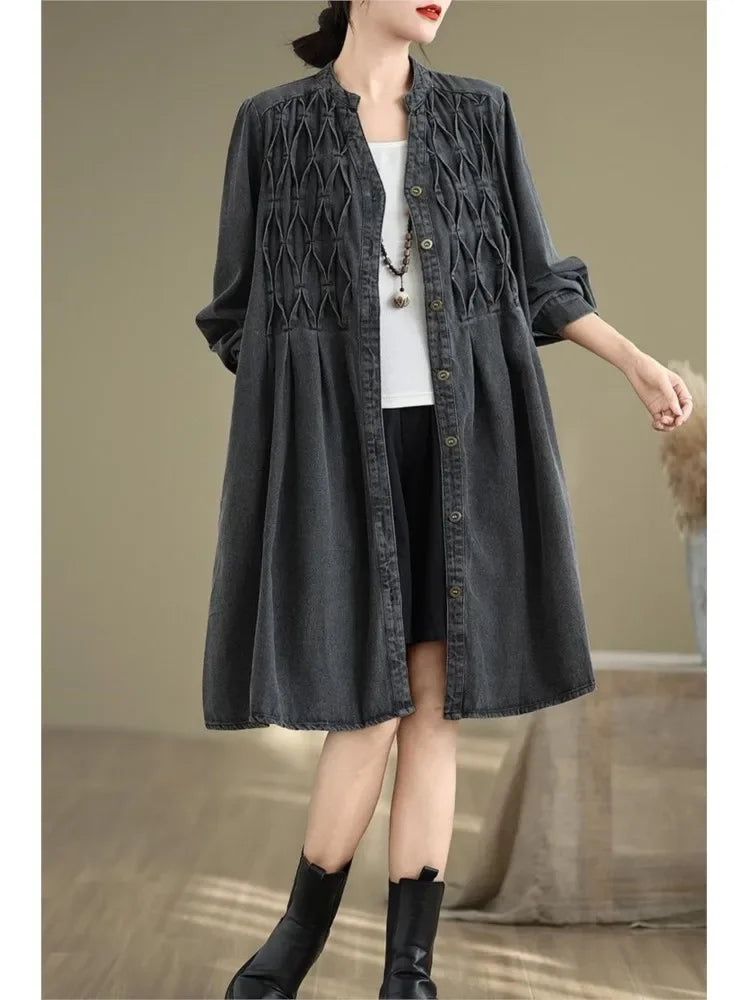 Denim Oversized Autumn Winter Long Sleeve Coat Women Ruffle Fashion Loose Pleated Ladies Jackets Retro Woman Jackets Coats