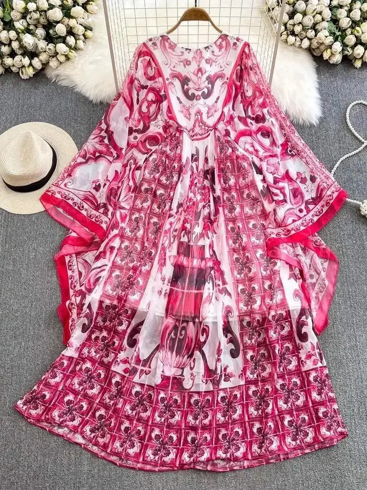 Women Clothing O Neck Flare Sleeve Large Swing Maxi Dress New Summer Bohemian Blue And White Porcelain Print Chiffon Vestidos