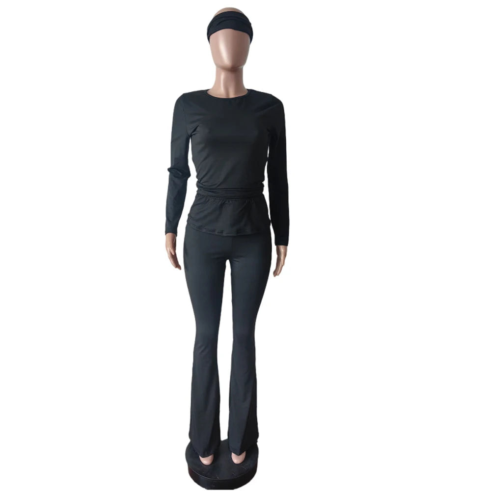 2 Two Piece Lounge Wear for Women 2024 Loungewear With Headband Yoga Outfit Long Sleeve Tops and Flare Pants Sets Tracksuit