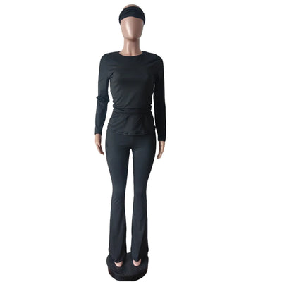 2 Two Piece Lounge Wear for Women 2024 Loungewear With Headband Yoga Outfit Long Sleeve Tops and Flare Pants Sets Tracksuit