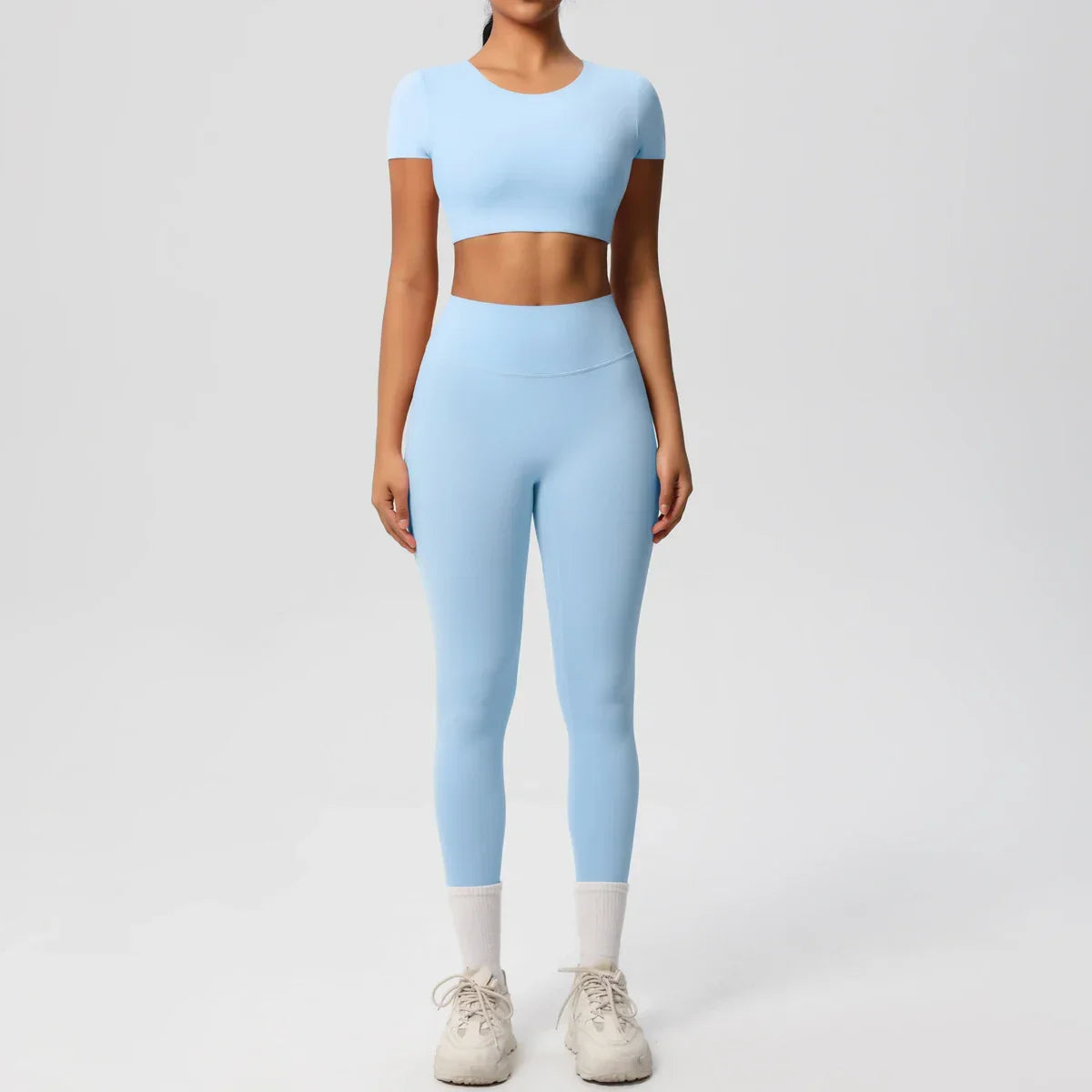 Yoga Set 2 Pieces Women Tracksuits Workout Sportswear Gym Clothing Fitness Short Sleeve With Padded High Waist Leggings Suits