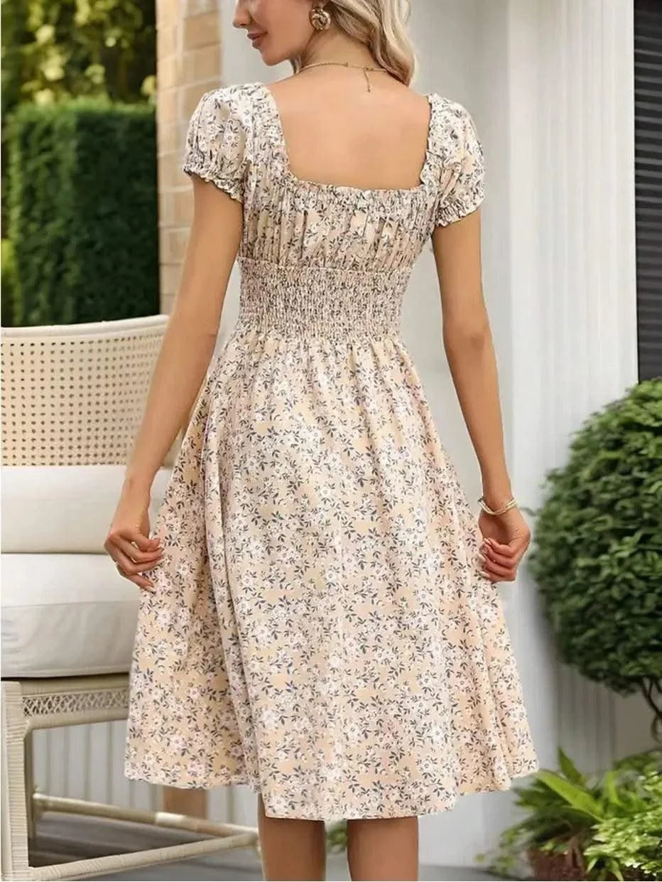 Summer Women Floral Print Dress V-neck Puff