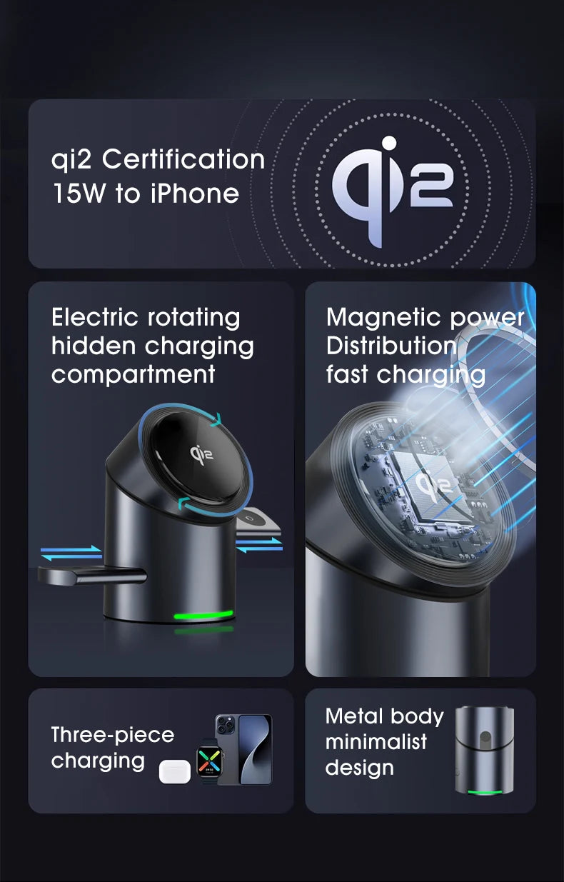 3 in 1 Wireless Charging Station for iPhone16/15/14/13/12 AirPods iWatch for Magsafe Rotation qi2 15W Fast Charging Station