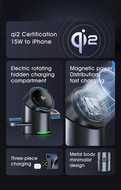 3 in 1 Wireless Charging Station for iPhone16/15/14/13/12 AirPods iWatch for Magsafe Rotation qi2 15W Fast Charging Station