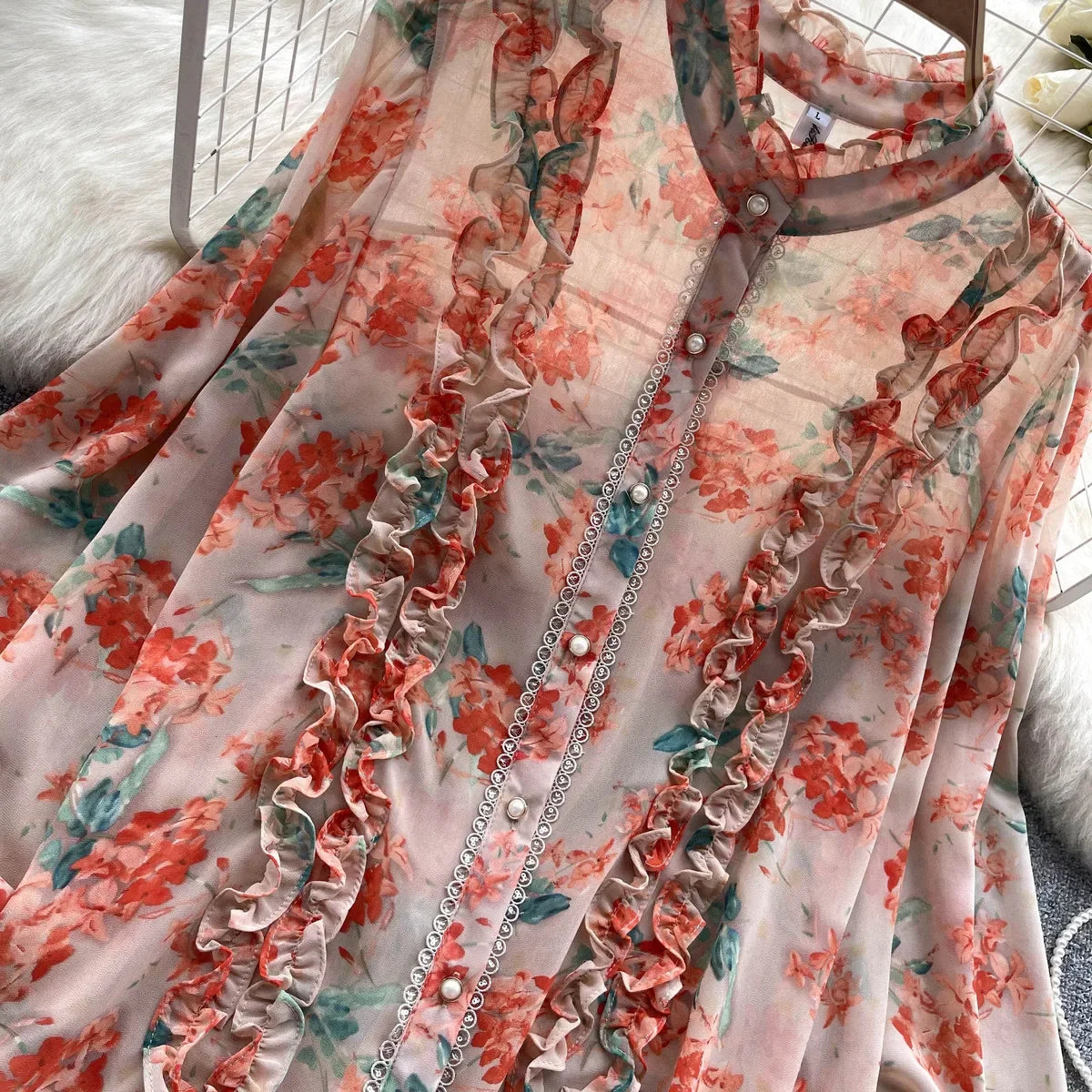 Women Ruffles Lace Floral Print Retro Elegant Button Shirts Summer Fashion Sweet Chic Stand Collar Long Sleeve Blouse Loose Tops