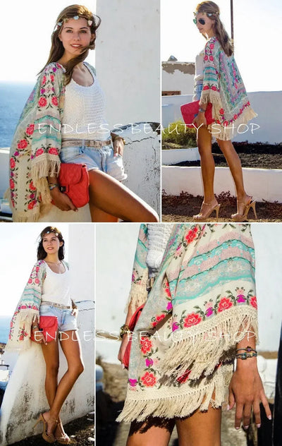 Women Shirts Summer Holiday Boho Floral Print Thin See Through Tassel Half Sleeve Cardigan Beachwear Cape Shirts Woman Tops
