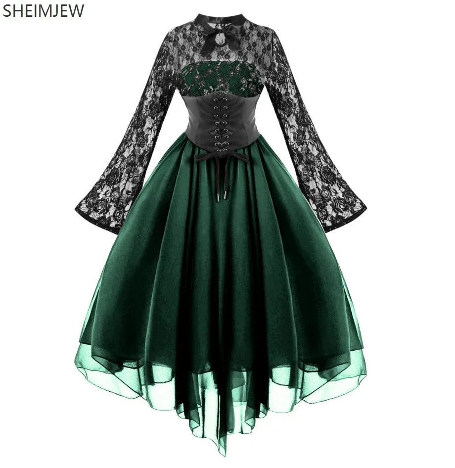 Renaissance Court Gown Victorian Medieval Costume Women Halloween Cosplay Full Sleeve Lace Dress Birthday Party Princess Suit