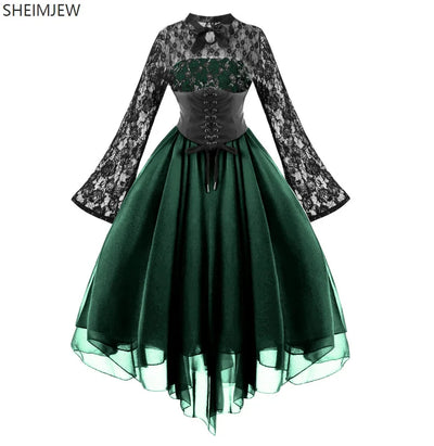 Renaissance Court Gown Victorian Medieval Costume Women Halloween Cosplay Full Sleeve Lace Dress Birthday Party Princess Suit