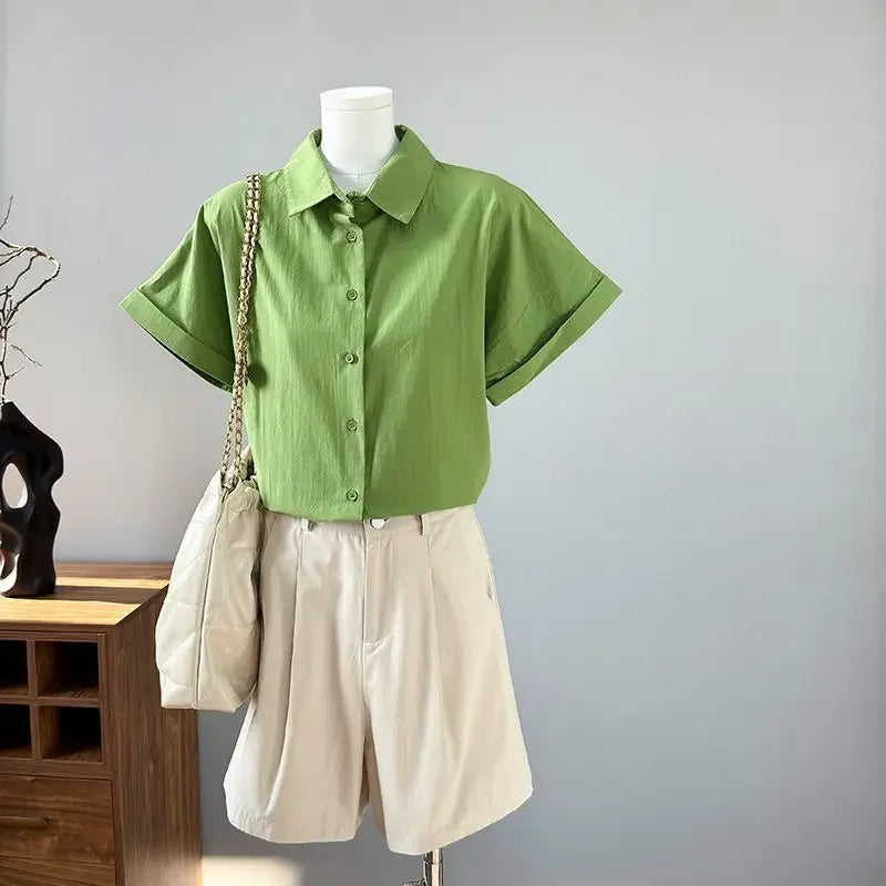 Women Clothing Summer Fashion Casual Button Solid Color Polo Collar Female Simplicity Temperament Appear Thin Short Sleeve Tops