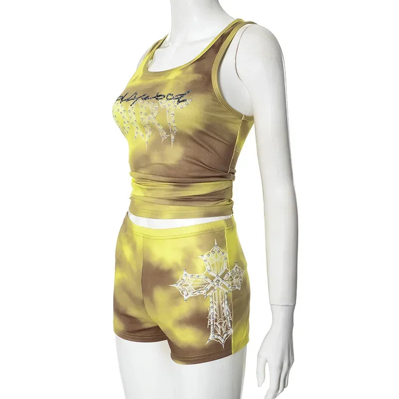 Sexy Biker Short Set Outfit Women 2025 Summer Fashion Tie Dye Print Diamonds Letter Rib Tank Top and Shorts 2 pcs Workout Sets