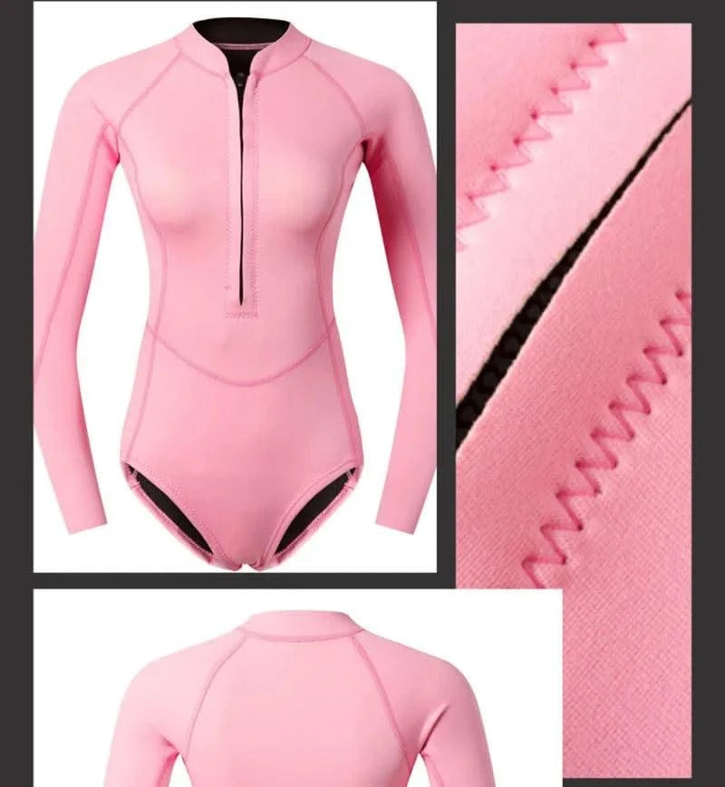 Women 2mm Bikini Diving Wetsuit Long Sleeve Scuba Dive Snorkeling Clothes Surfing Kayak Suit Black Pink Neoprene Swimwear