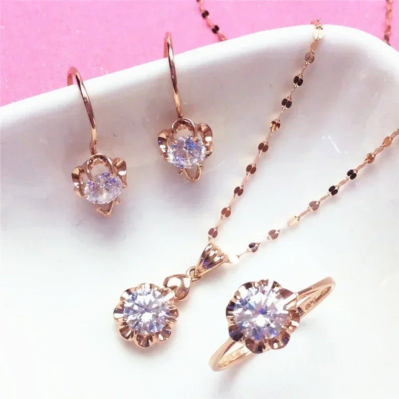 White Shiny Flower Jewelry Set Plated  Rose Gold Earrings for Women Charms Rings Necklace Elegant Light Luxury Necklaces